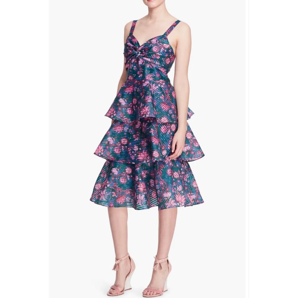 Marchesa Notte Floral Tiered Midi Dress NWT Jewel Tones Size 12
